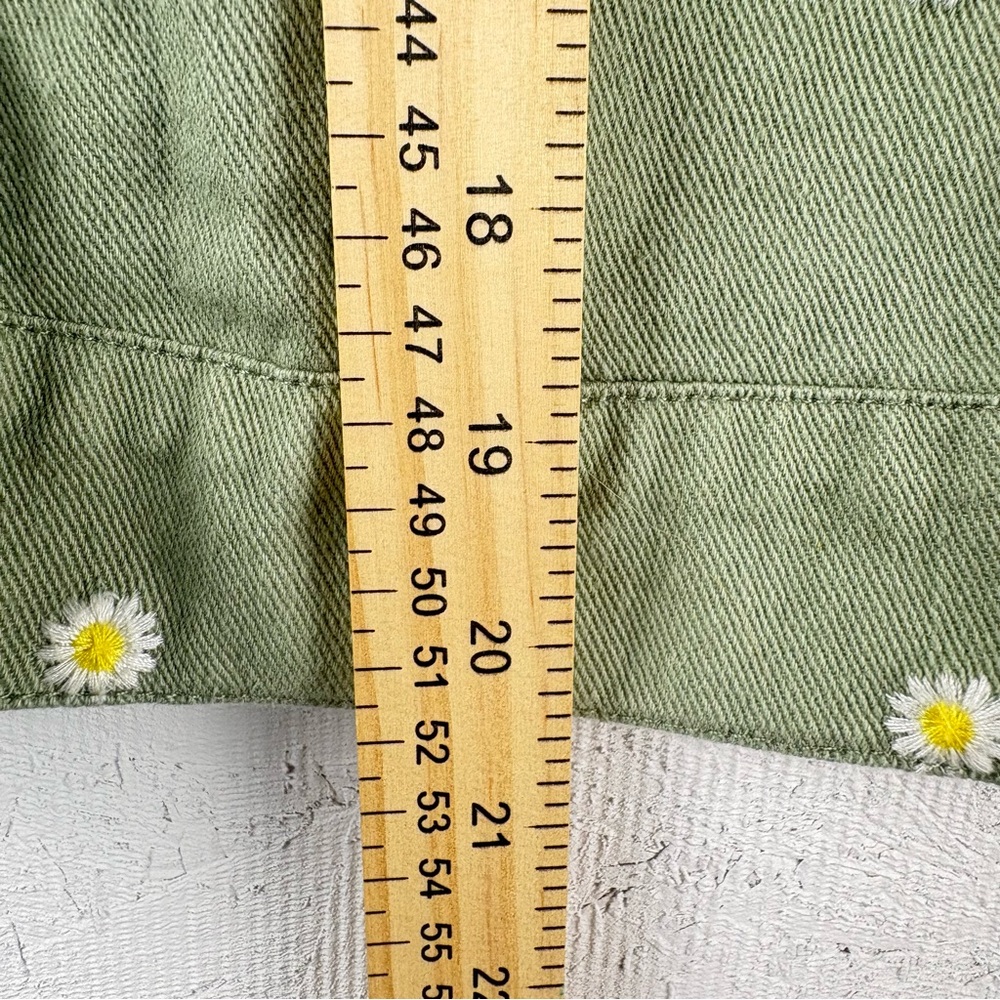Cali 1850 Olive Green Floral Embroidered Jean Trucker Jacket Cropped Daisies L - Picture 6 of 10